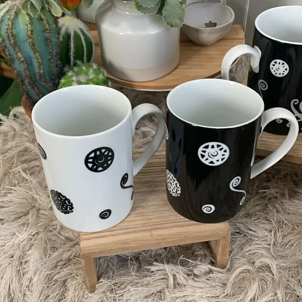 Vintage Pottery Barn Fez Pattern Black and‎ White Swirl Coffee Cups Set Of 6